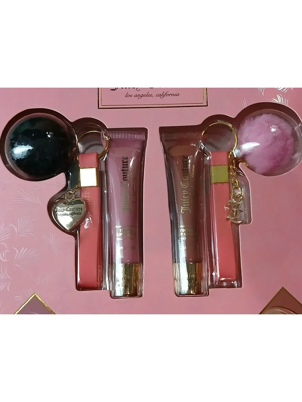 Juicy Couture Glow On The Go Lip Gloss Set Keychain Pom Pom Charm NWT